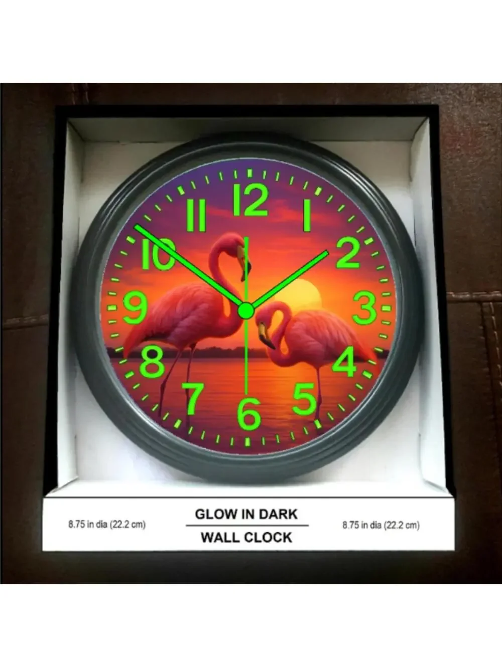 Flamingo Sunset Paradise Glow in the Dark Wall Clock New!